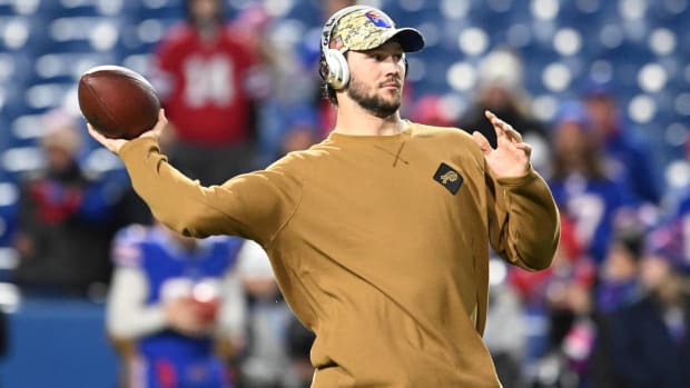 Bills quarterback Josh Allen throws a pass in warmups before a game.